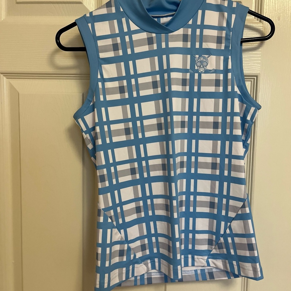 Blue and White Plaid Sleeveless Golf Top